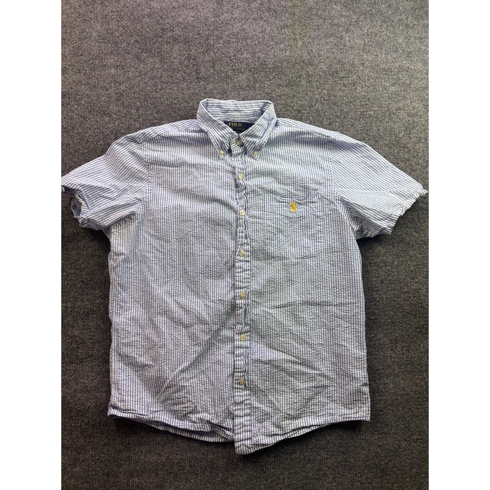 Polo Ralph Lauren Button Down Shirt Mens Medium Blue Seersucker Untucked Fit